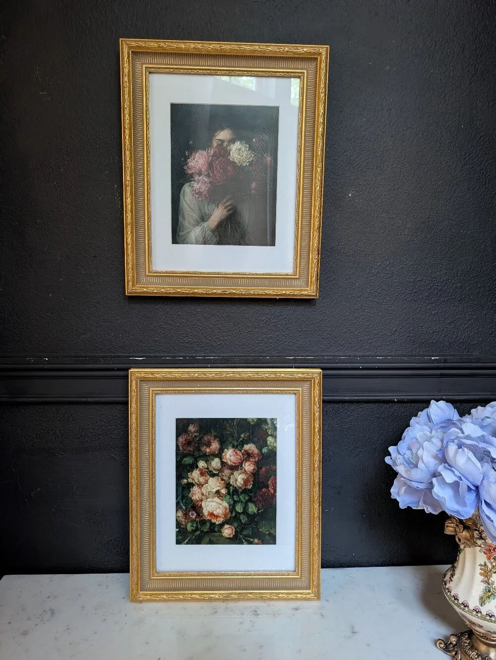 Vintage, set of 2, Gold Ornate Wood Resin Matted Frame w/ vintage style Prints